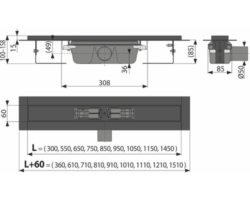 Desen tehnic cu dimensiunile rigolei de duș