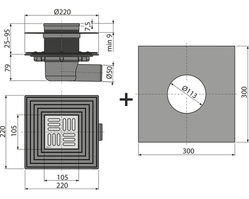 Desen tehnic al unui sifon de pardoseală cu dimensiuni.