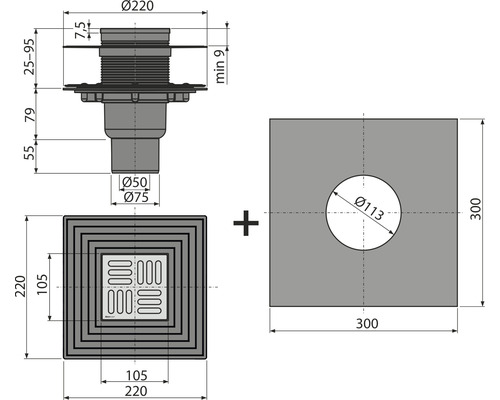 Desen tehnic al unui sifon de pardoseală cu dimensiuni