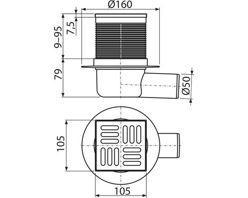 Desen tehnic al unui sifon de pardoseală cu dimensiuni.