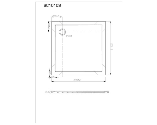 Desen tehnic al unei cădițe de duș cu dimensiuni