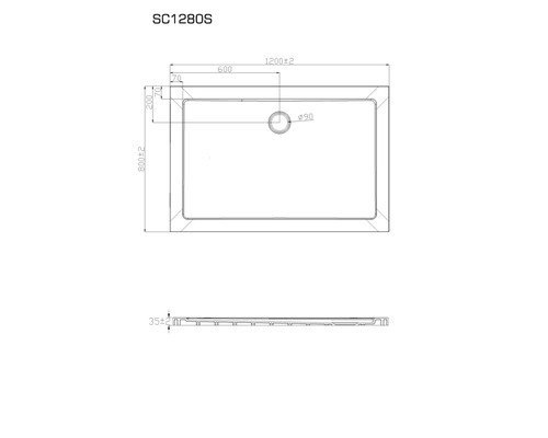 Desen tehnic al unei cădițe de duș cu dimensiuni indicate
