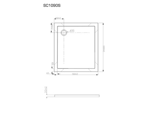 Desen tehnic al unei cădițe de duș cu dimensiuni