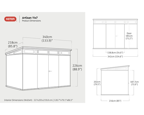 Keter căsuță de grădină Artisan 11x7 Dimensiunile produsului