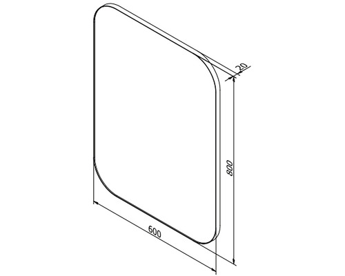 Desen tehnic al unei oglinzi cu colțuri rotunjite și dimensiuni de 600 x 800 mm