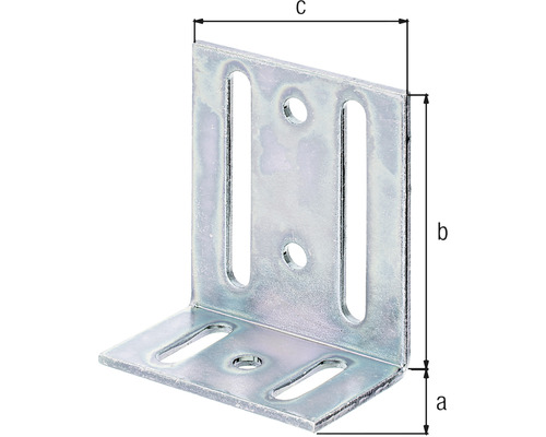 Conector unghiular cu găuri alungite și indicații de dimensiune a, b, c