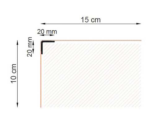 Desen tehnic al unui profil de colț cu dimensiunile de 20 milimetri pe 20 milimetri pe 15 centimetri