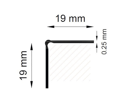 Schiță a unui profil cu dimensiunile indicate de 19 mm și 0,25 mm