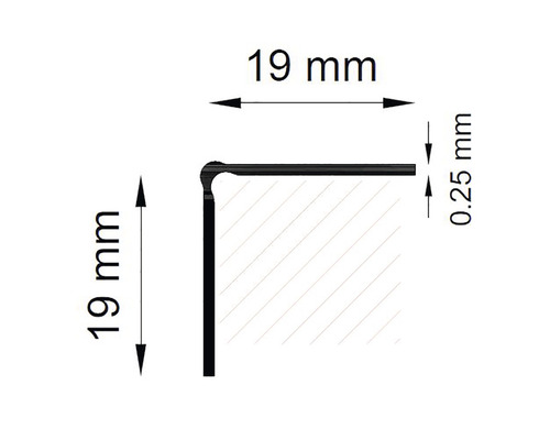 Desen tehnic al unui profil cu dimensiunile de 19 mm pe 19 mm și o grosime de 0,25 mm
