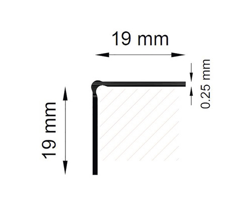 Desen tehnic al unui profil cu dimensiunile de 19 mm, 19 mm și 0,25 mm