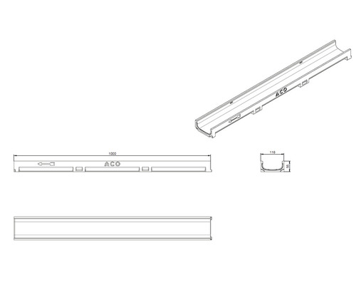 Desen tehnic al unui canal de drenaj cu dimensiunile de 1000 mm lungime, 118 mm lățime și 50 mm înălțime.