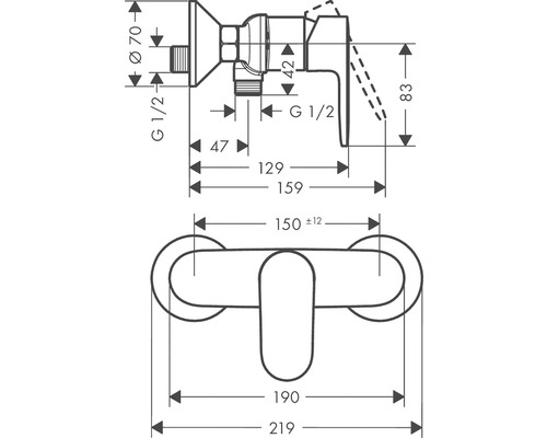 Desen tehnic al unui robinet cu dimensiuni