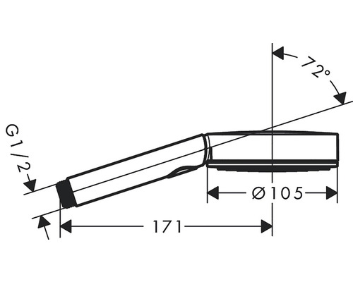 Desen tehnic al unui duș de mână cu dimensiunile diametrului, lungimii și unghiului de înclinare.