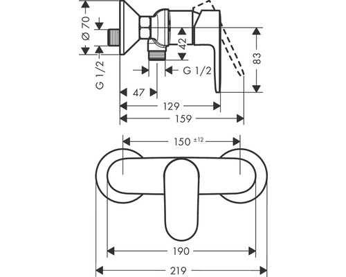 Desen tehnic al unei baterii de duș cu dimensiuni