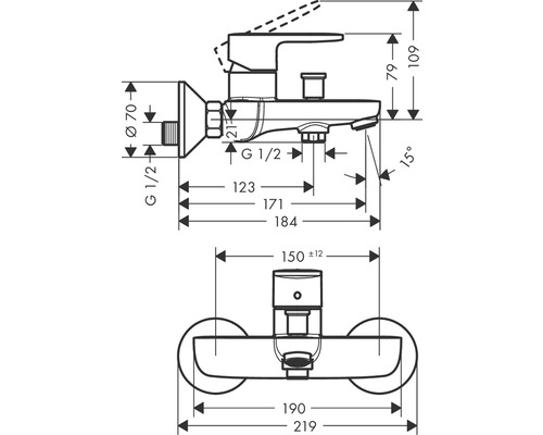 Desen dimensional al unui robinet cu diferite dimensiuni