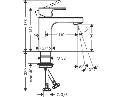 Desen tehnic al unei armături cu detalii despre înălțime