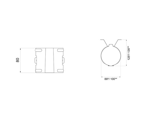 Desen tehnic al unui sistem de fixare cu cleme pentru țevi cu dimensiuni.