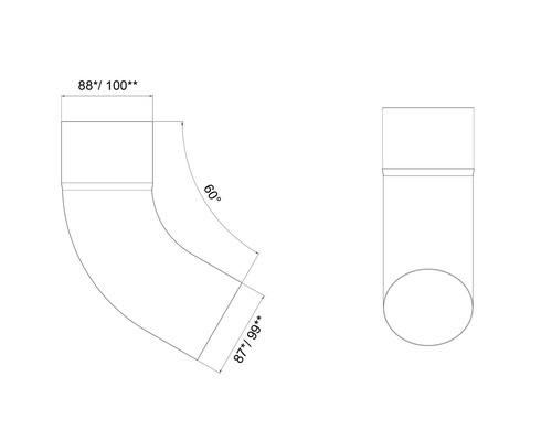 Desen tehnic al unei coturi de țeavă cu un unghi de 60 de grade și indicații de dimensiune