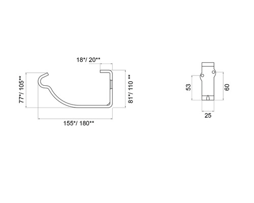 Desen tehnic al unui suport de jgheab cu dimensiuni indicate