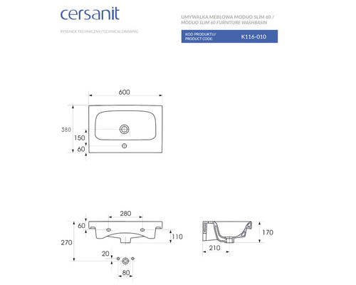 Desen tehnic al lavoarului Moduo Slim 60