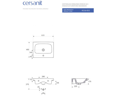 Desen tehnic al lavoarului pentru mobilier Moduo 60 cu dimensiuni