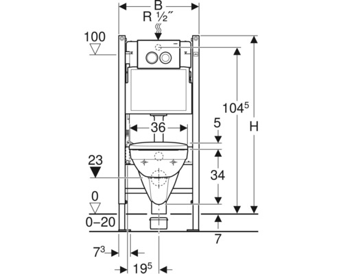 Desen tehnic al unui WC suspendat cu dimensiuni
