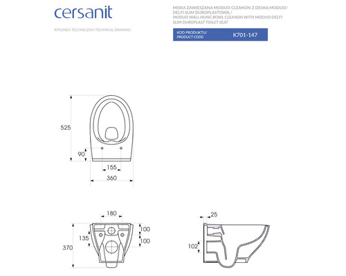 Desen tehnic al unui WC suspendat Cersanit cu dimensiuni.