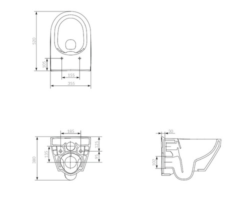 Desen tehnic al unui WC suspendat cu dimensiuni.