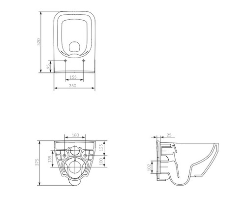 Desen tehnic al unui WC suspendat cu dimensiuni