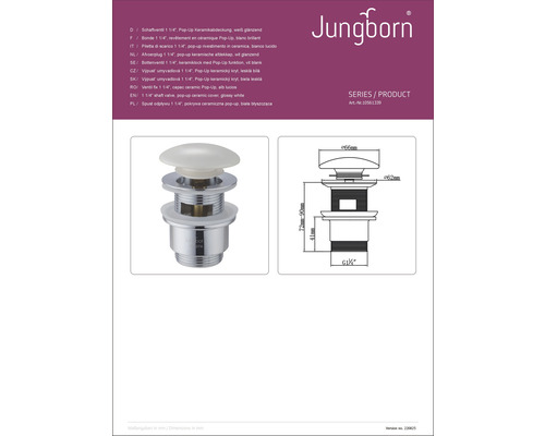 Supapă arbore Jungborn cu capac ceramic pop-up, desen tehnic