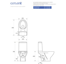 Desen tehnic al vasului WC compact Cersanit Moduo Cleanon cu capac duroplast Moduo/Delfi Slim, incluzând dimensiunile