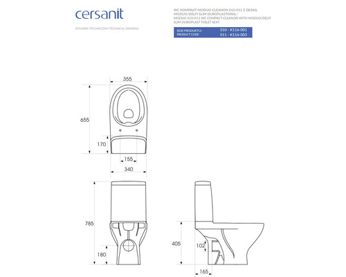 Desen tehnic al vasului WC compact Cersanit Moduo Cleanon cu capac duroplast Moduo/Delfi Slim, incluzând dimensiunile