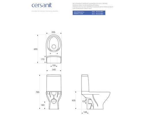 Desen tehnic al WC-ului Cersanit Kompakt Moduo Cleanon cu dimensiuni