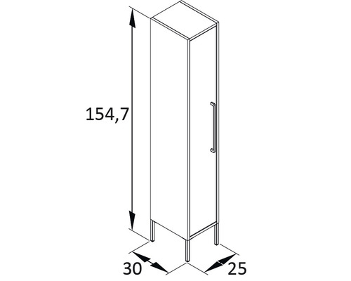 Desen tehnic al unui dulap de baie cu dimensiunile 154,7 x 30 x 25 cm.