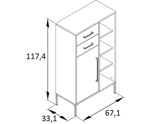 Dulap cu două sertare, o ușă și trei rafturi cu dimensiuni