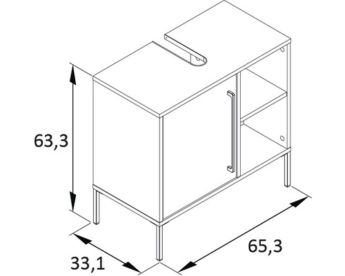 Desen al unui dulap de bază pentru lavoar cu dimensiunile 63,3 x 33,1 x 65,3 cm.