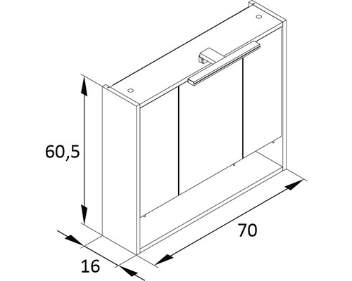 Desenul unei dulapuri cu oglindă cu dimensiunile 60,5 x 70 x 16 cm.