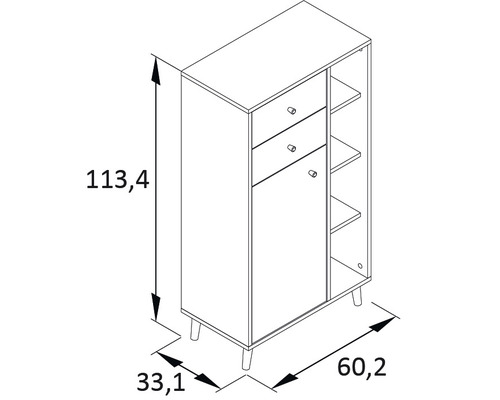 Desen tehnic al unui dulap cu sertare, ușă și rafturi cu dimensiuni