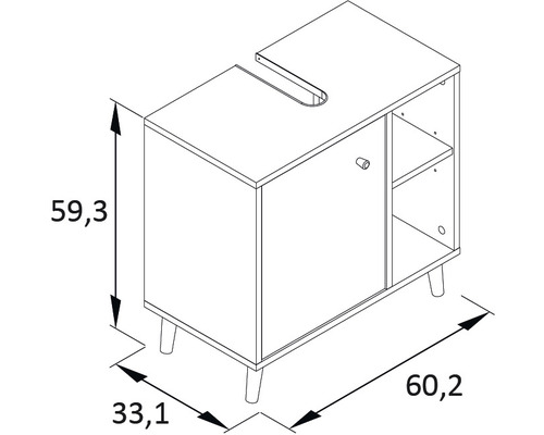 Desenul unui dulap de bază pentru lavoar cu dimensiuni.