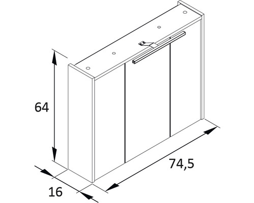 Desen tehnic al unui dulap suspendat cu trei uși, cu dimensiuni