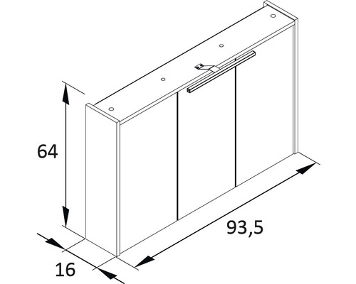 Desen tehnic al unui dulap cu oglindă, cu dimensiuni