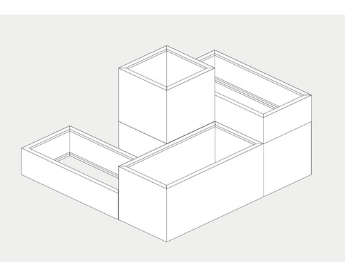 Ilustrație a unui sistem de plantare cu mai multe jardiniere dreptunghiulare și una pătrată