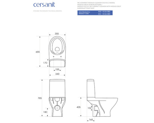 Desen tehnic al unui WC Cersanit cu rezervor și dimensiuni