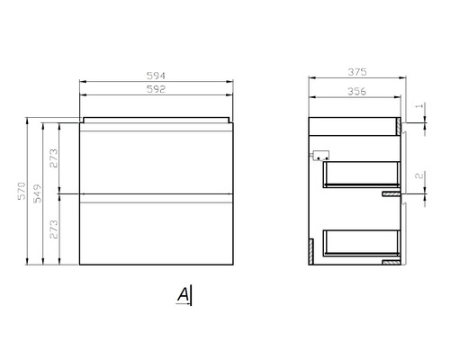 Desen tehnic al unui dulap de baie cu chiuvetă, cu dimensiuni