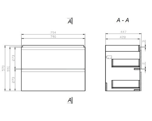 Desen tehnic al unui dulap de bază pentru lavoar cu dimensiuni.