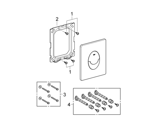 Desen asamblat placă de acționare WC cu material de fixare