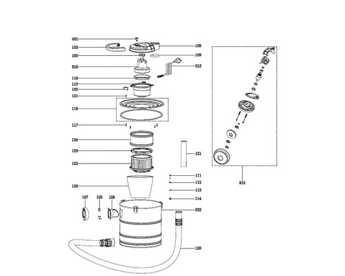 Desen explodat al unui aspirator cu piese și numere.
