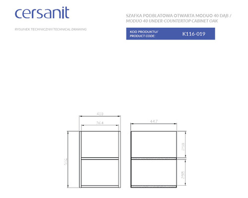 Desen tehnic al unui dulap de bază deschis Cersanit Moduo 40 stejar cu dimensiuni