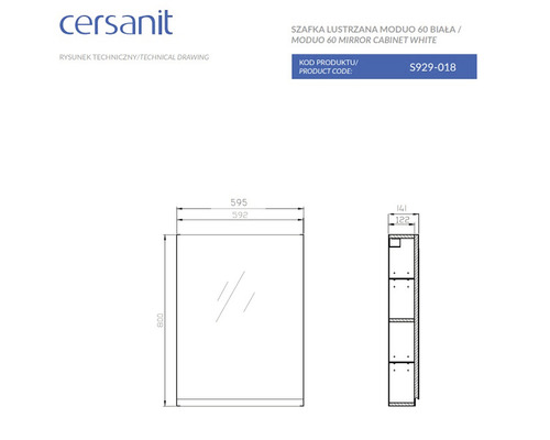 Desen tehnic al dulapului cu oglindă alb Cersanit Moduo 60 cu dimensiuni