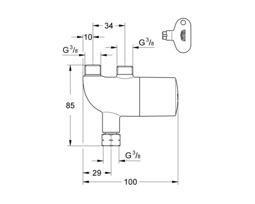 Desen tehnic al unui set de robinete de colț Grohe cu dimensiuni